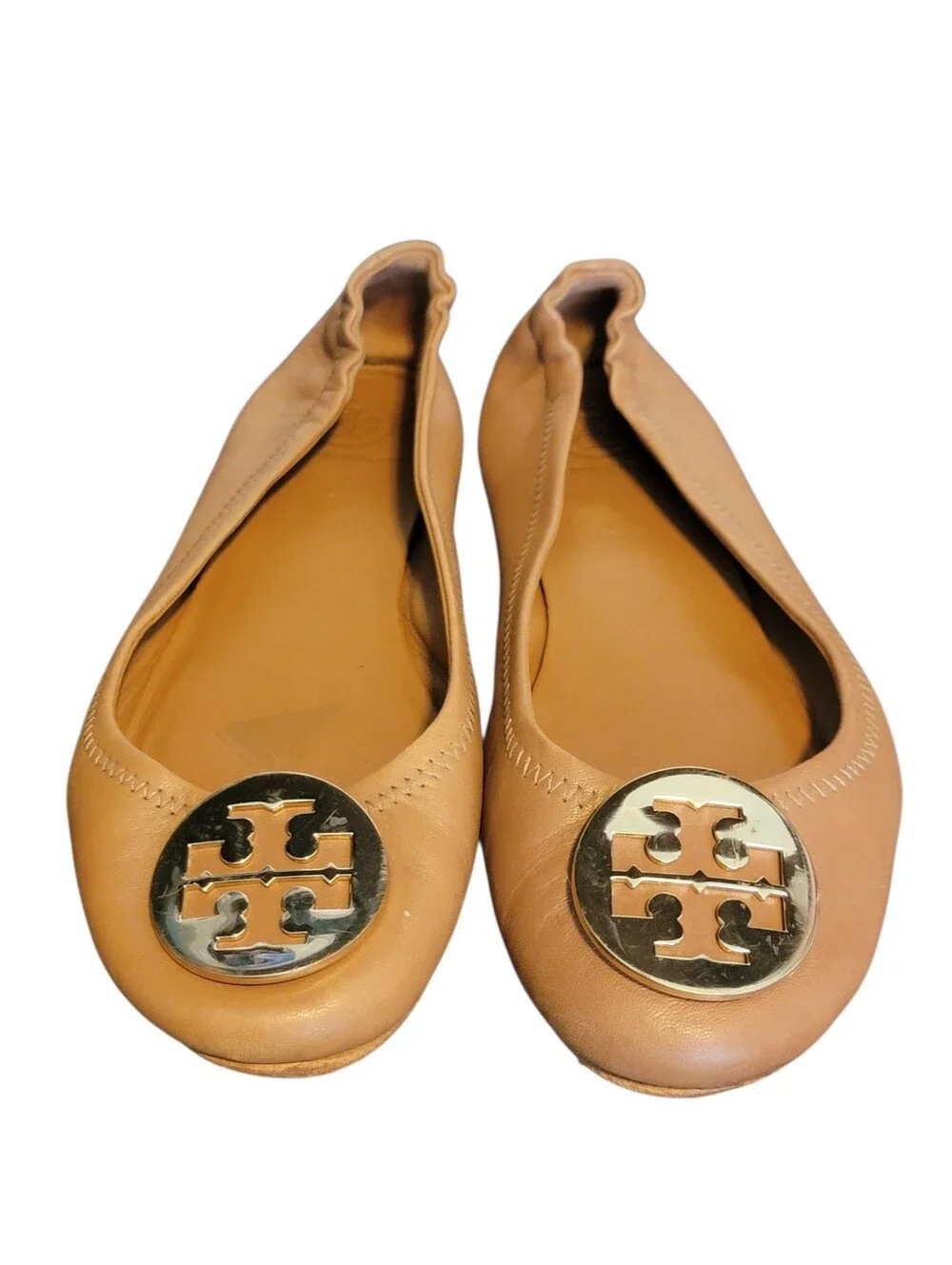 TORY BURCH Tan Leather Reva Ballet Flats Gold Logo 7.5